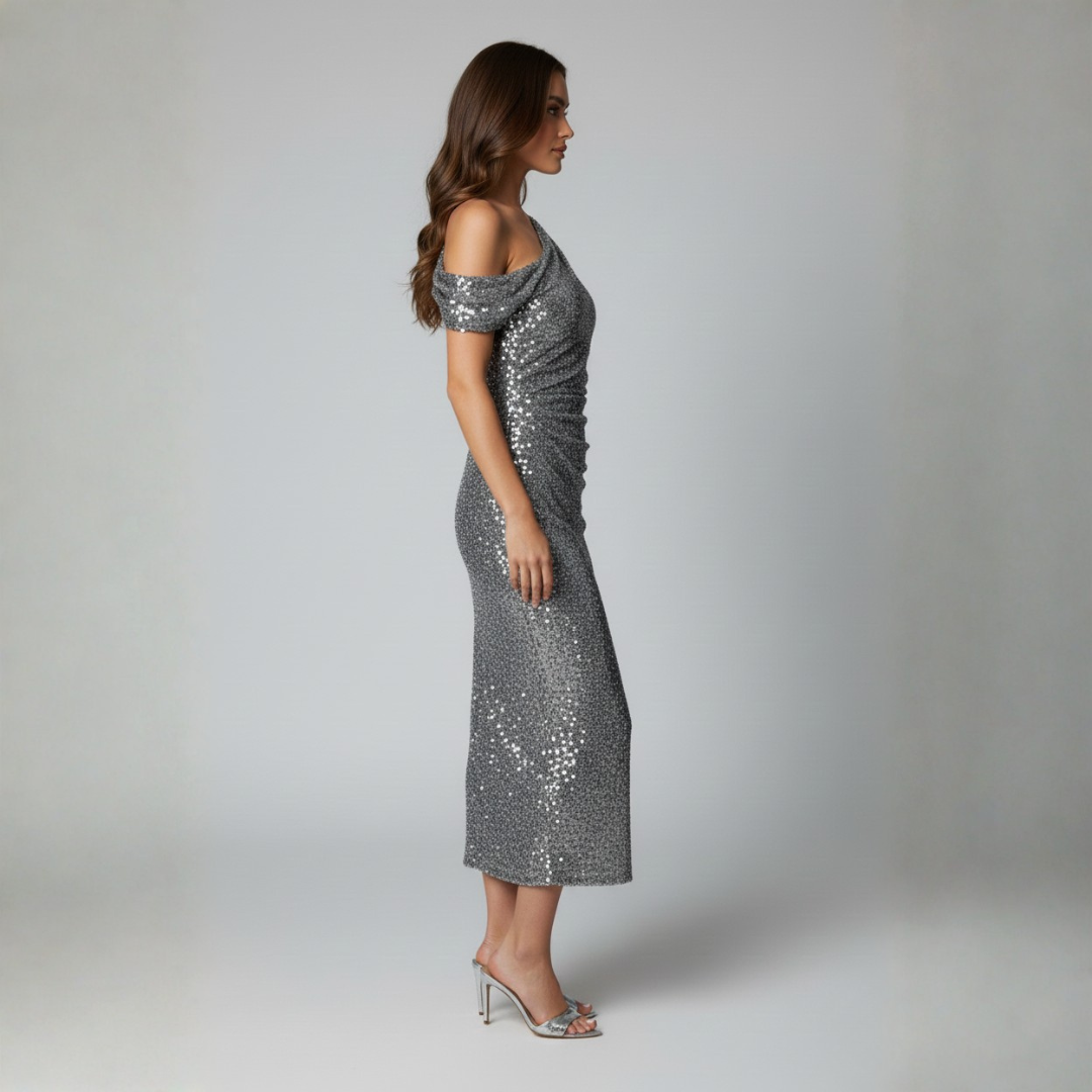 Sofia Maris Women's Off-Shoulder Sequin Midi Dress – Elegant Wedding Guest & Cocktail Style