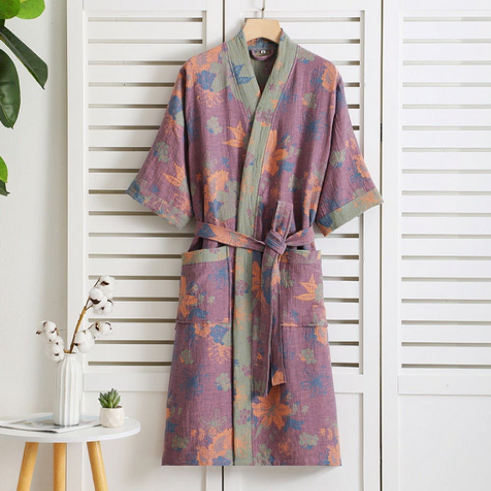 Women's Floral Kimono Style Bath Robe with Belt and Pockets - Sofia Maris