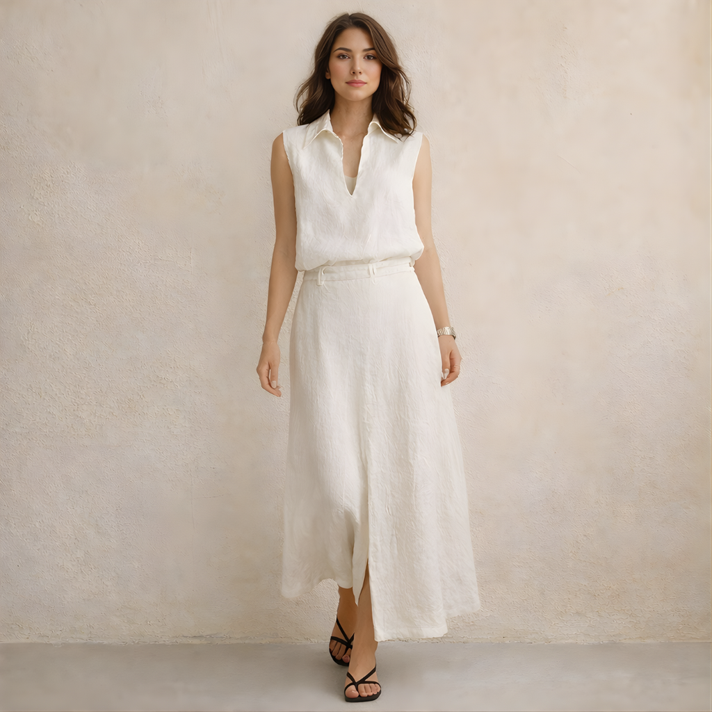 Women's Linen Co-ord Set: Sleeveless V-Neck Shirt & Skirt