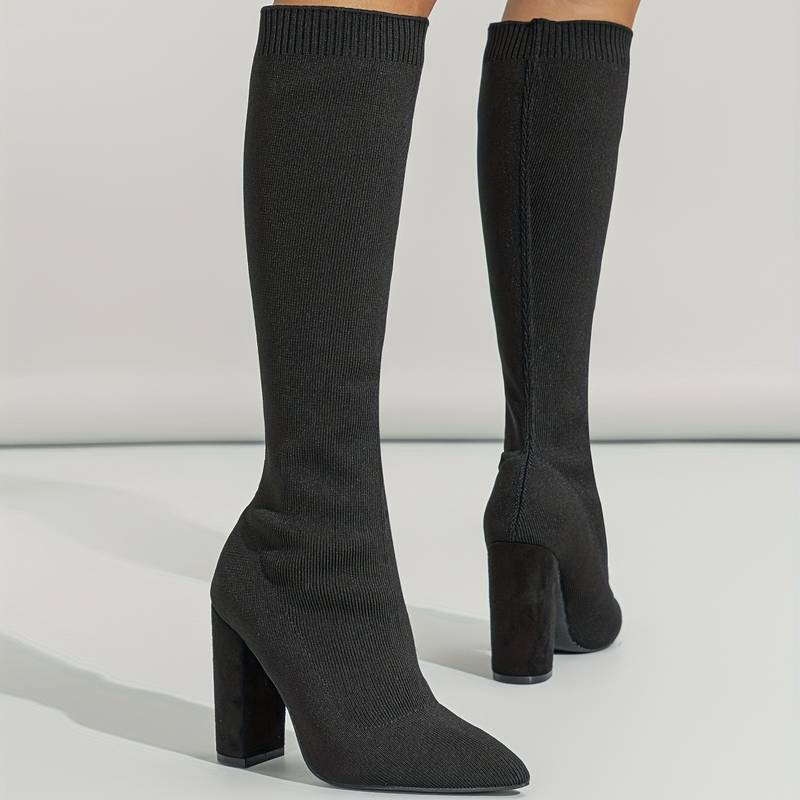 Isla Ribbed Knit Block Heel Sock Boots | Solid Knee-High Sock Boots