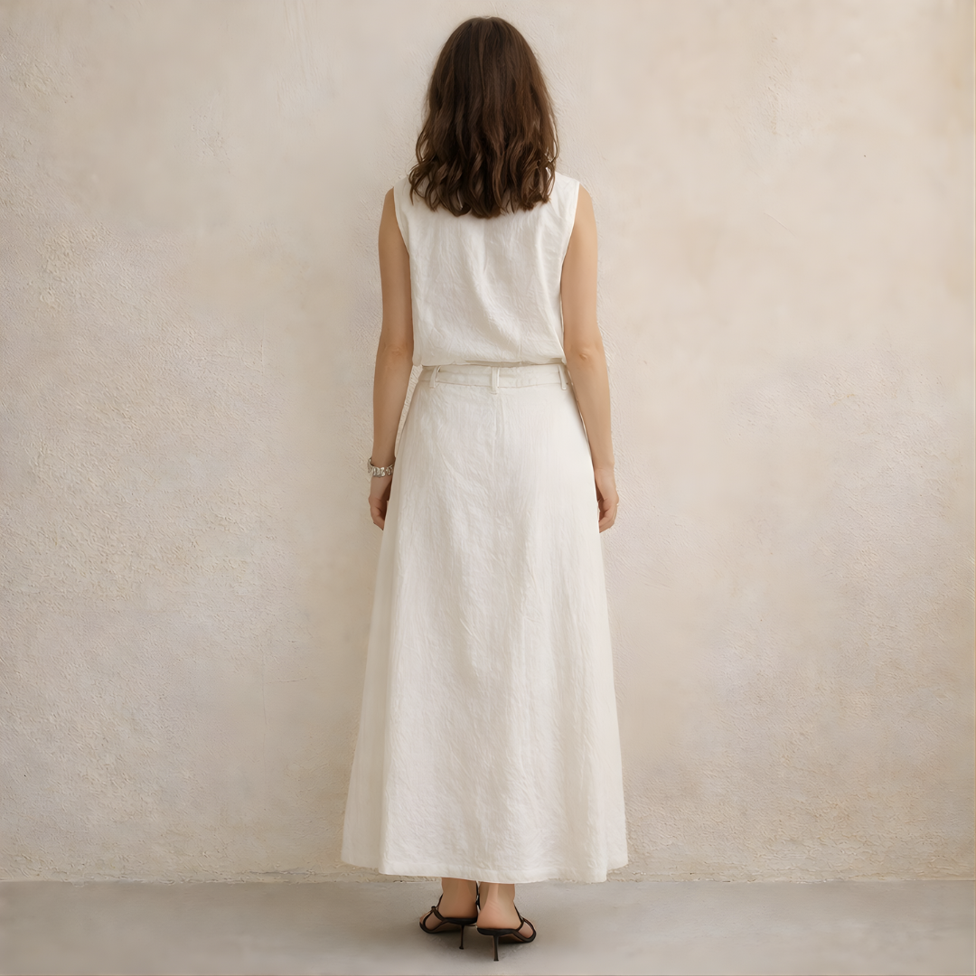 Women's Linen Co-ord Set: Sleeveless V-Neck Shirt & Skirt