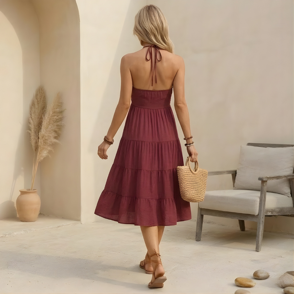 Women’s Ruched Halter Neck Tiered Ruffle Mini Dress