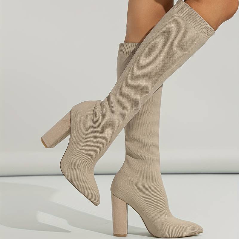 Isla Ribbed Knit Block Heel Sock Boots | Solid Knee-High Sock Boots