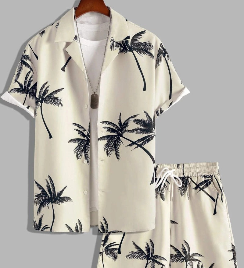 Men’s Palm Print Short Sleeve Shirt and Drawstring Shorts Two Piece Summer Set