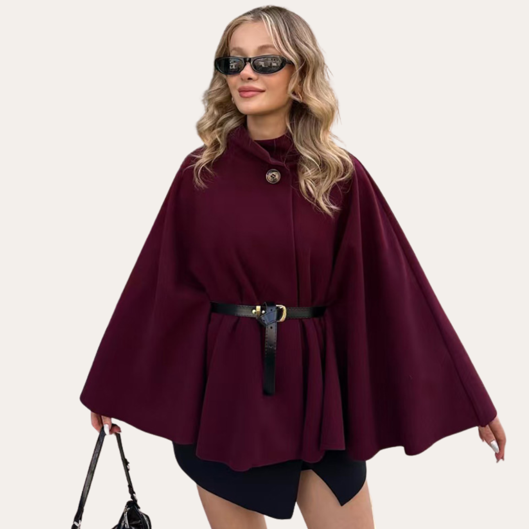 Women's Belted Cape - High Neck and Single Button Closure - Sofia Maris