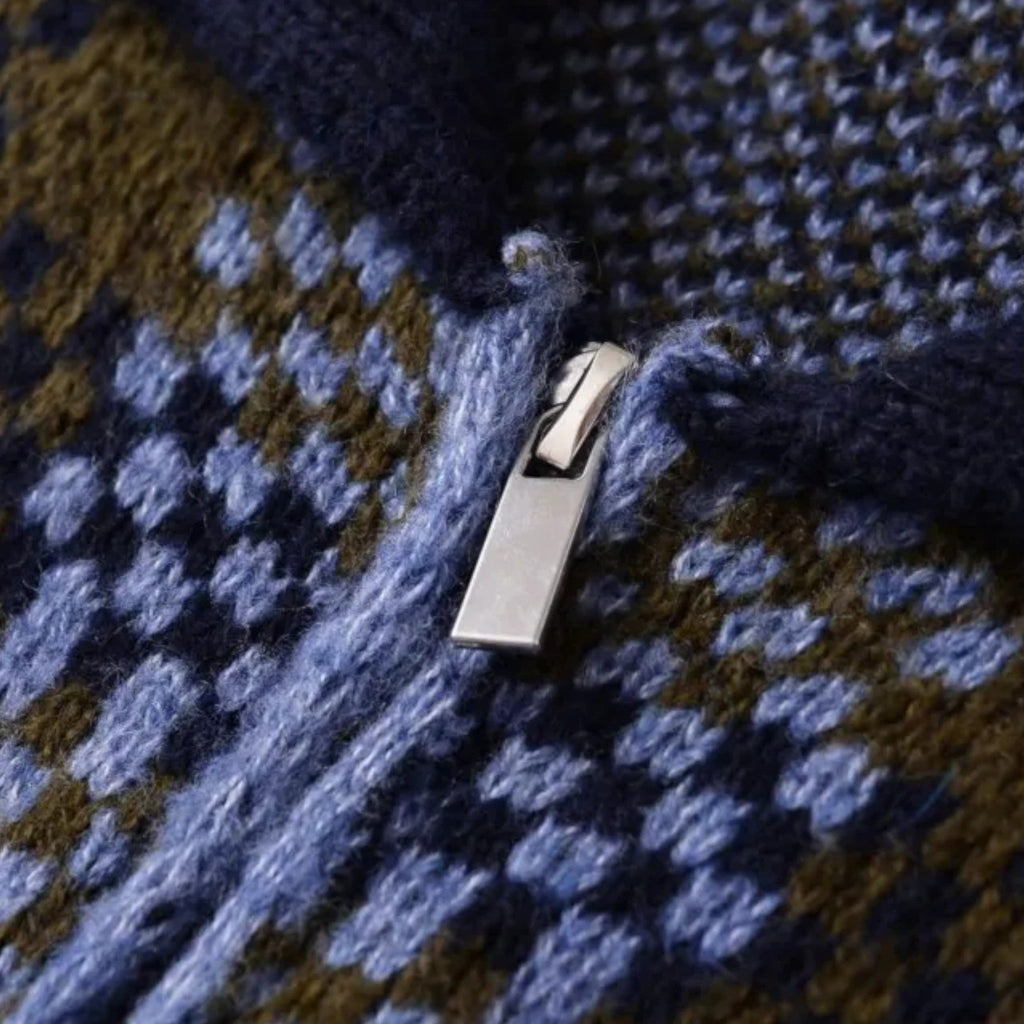 Women’s Plaid Knitted Zipper Jacket with Turn-Down Collar