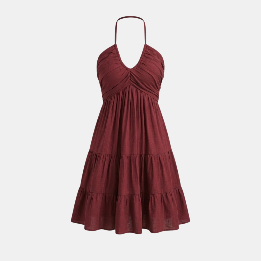 Women’s Ruched Halter Neck Tiered Ruffle Mini Dress