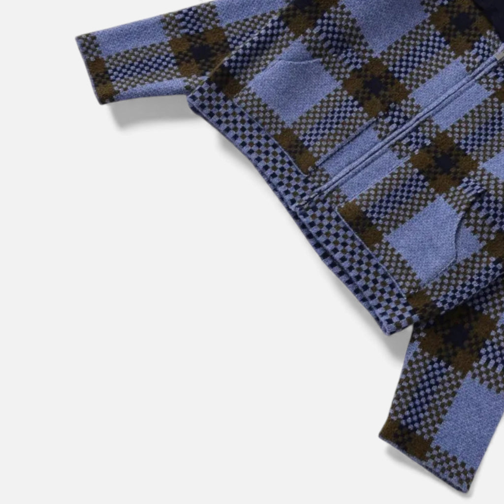 Women’s Plaid Knitted Zipper Jacket with Turn-Down Collar