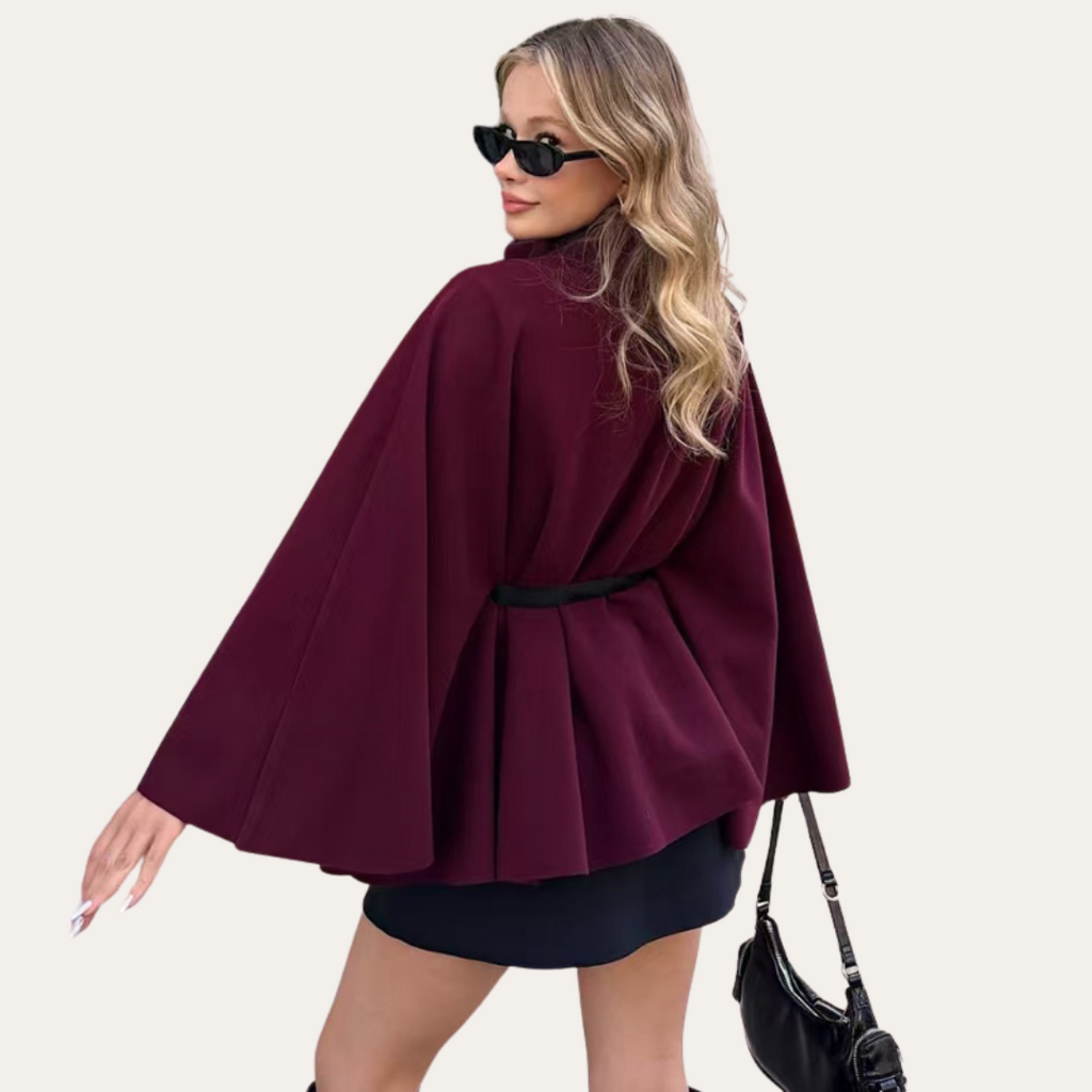 Women's Belted Cape - High Neck and Single Button Closure - Sofia Maris