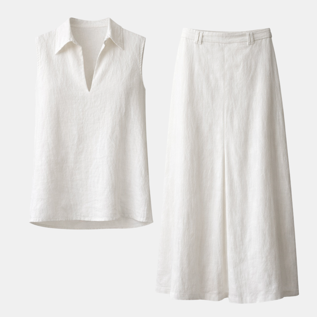Women's Linen Co-ord Set: Sleeveless V-Neck Shirt & Skirt