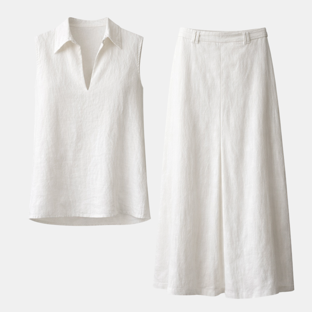 Women's Linen Co-ord Set: Sleeveless V-Neck Shirt & Skirt