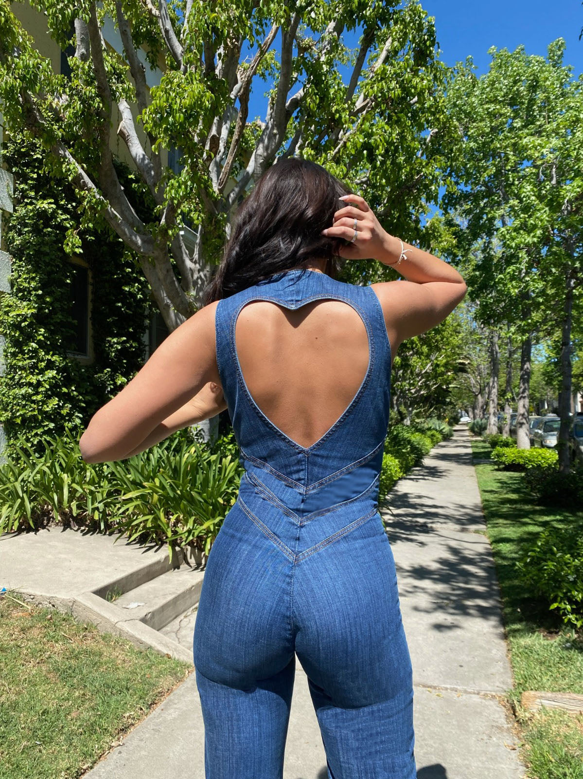 Denim Jumpsuit - Heart-Shaped Back Cutout