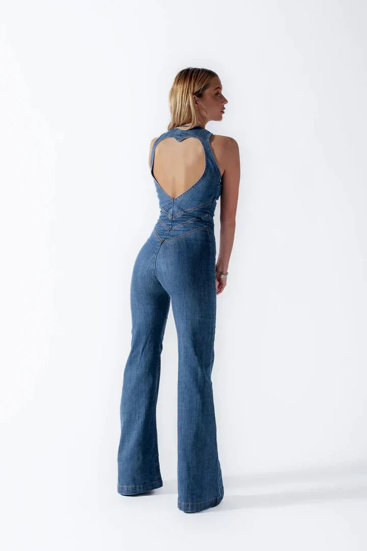 Denim Jumpsuit - Heart-Shaped Back Cutout