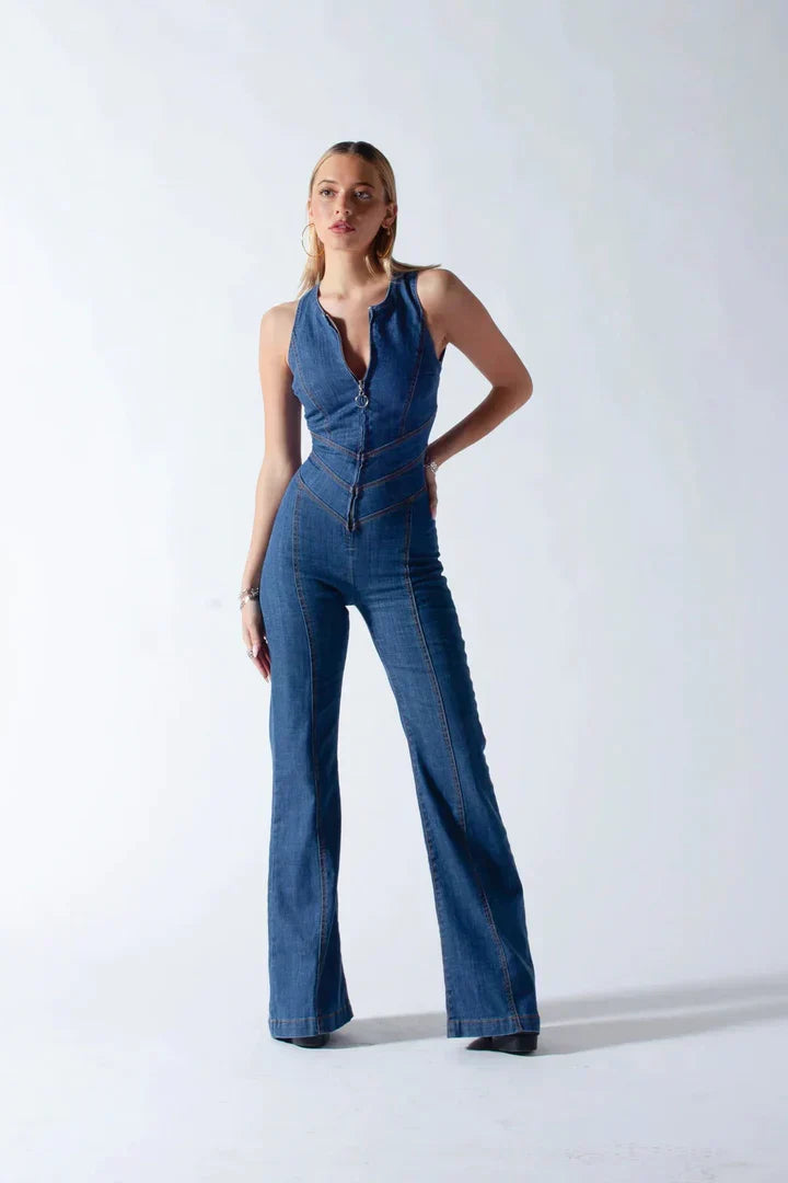 Denim Jumpsuit - Heart-Shaped Back Cutout
