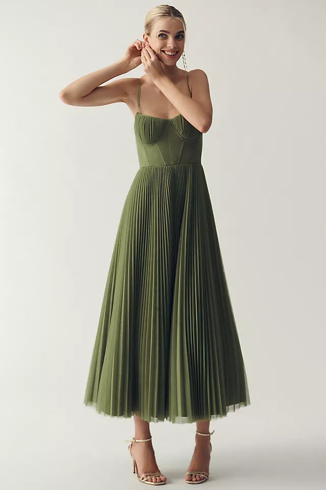 Women’s Pleated Midi Dress – Elegant Corset Bodice Party Style - Sofia Maris