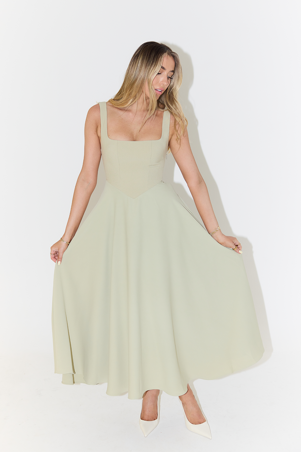 Women's Sleeveless Square Neck Midi Dress with A-Line Silhouette - Sofia Maris