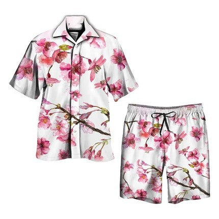 Men’s Palm Print Short Sleeve Shirt and Drawstring Shorts Two Piece Summer Set