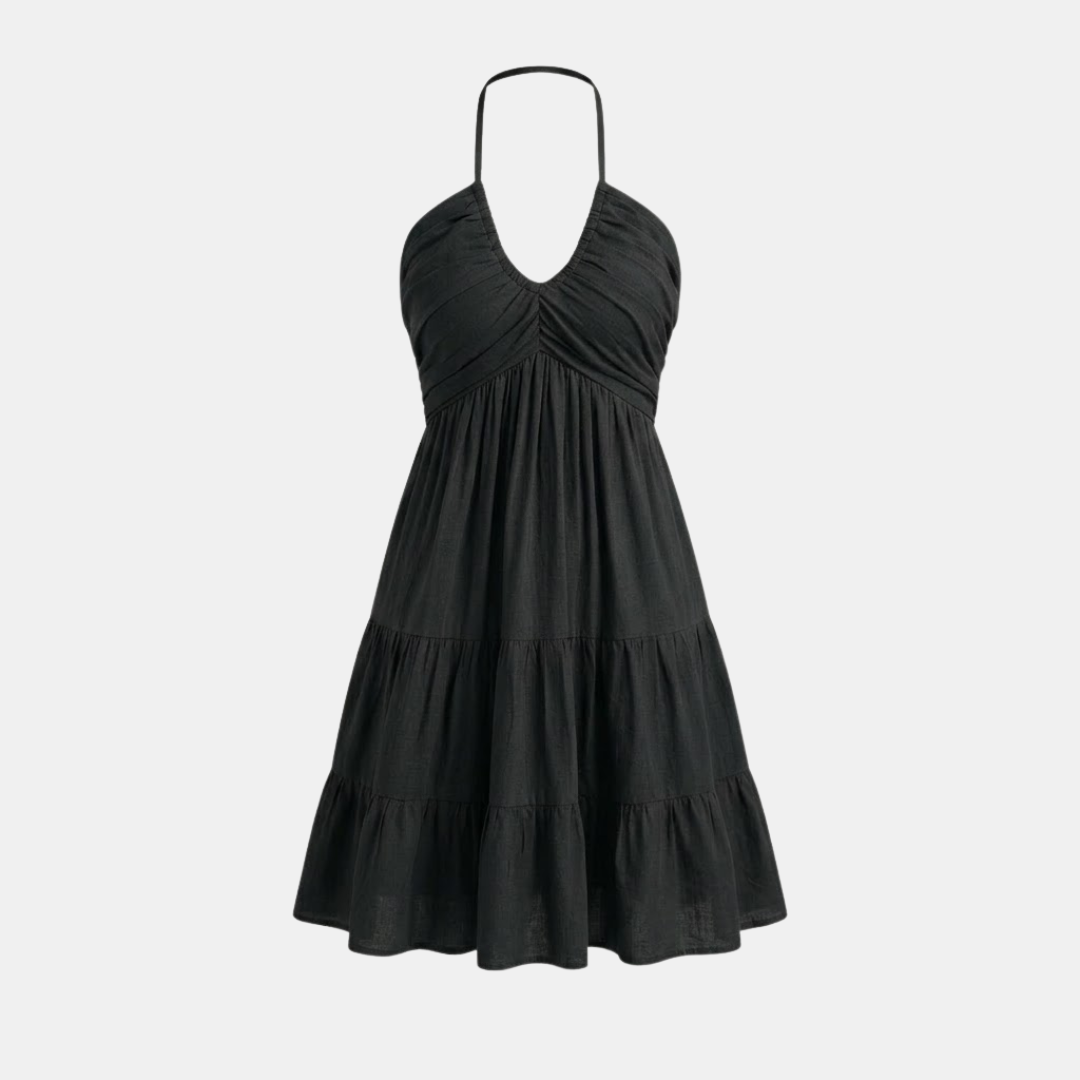 Women’s Ruched Halter Neck Tiered Ruffle Mini Dress