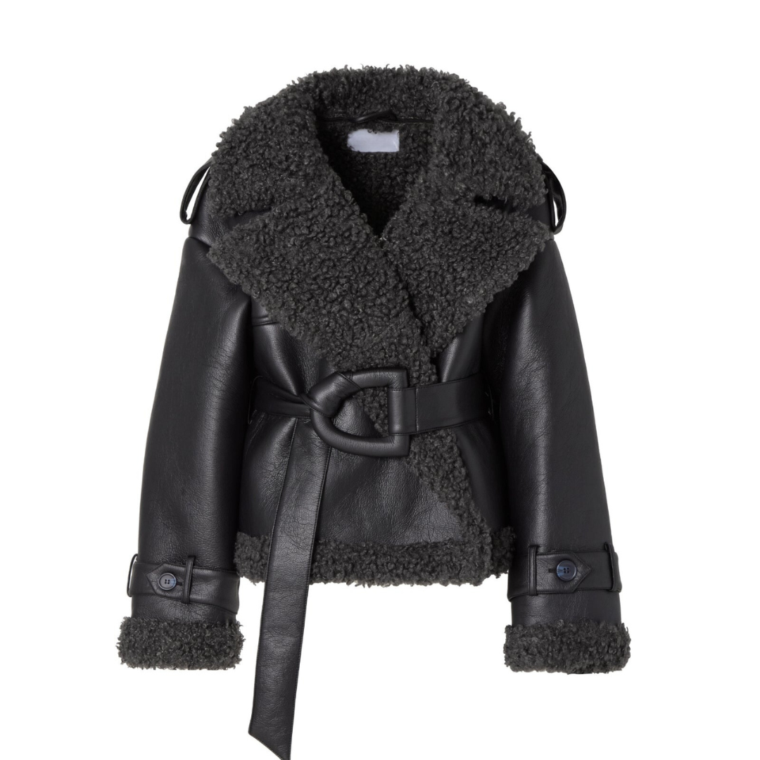 Sofia Maris Women's Shearling Coat Black Leather Belted Tailored Luxury Winter