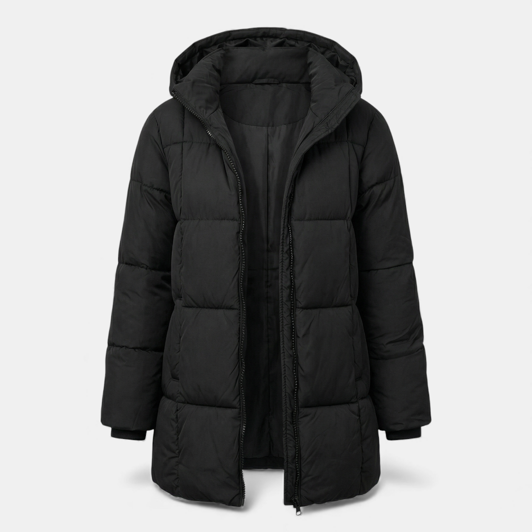 Sofia Maris Black Puffer Coat - Long Hooded Design - Women's Winter Jacket
