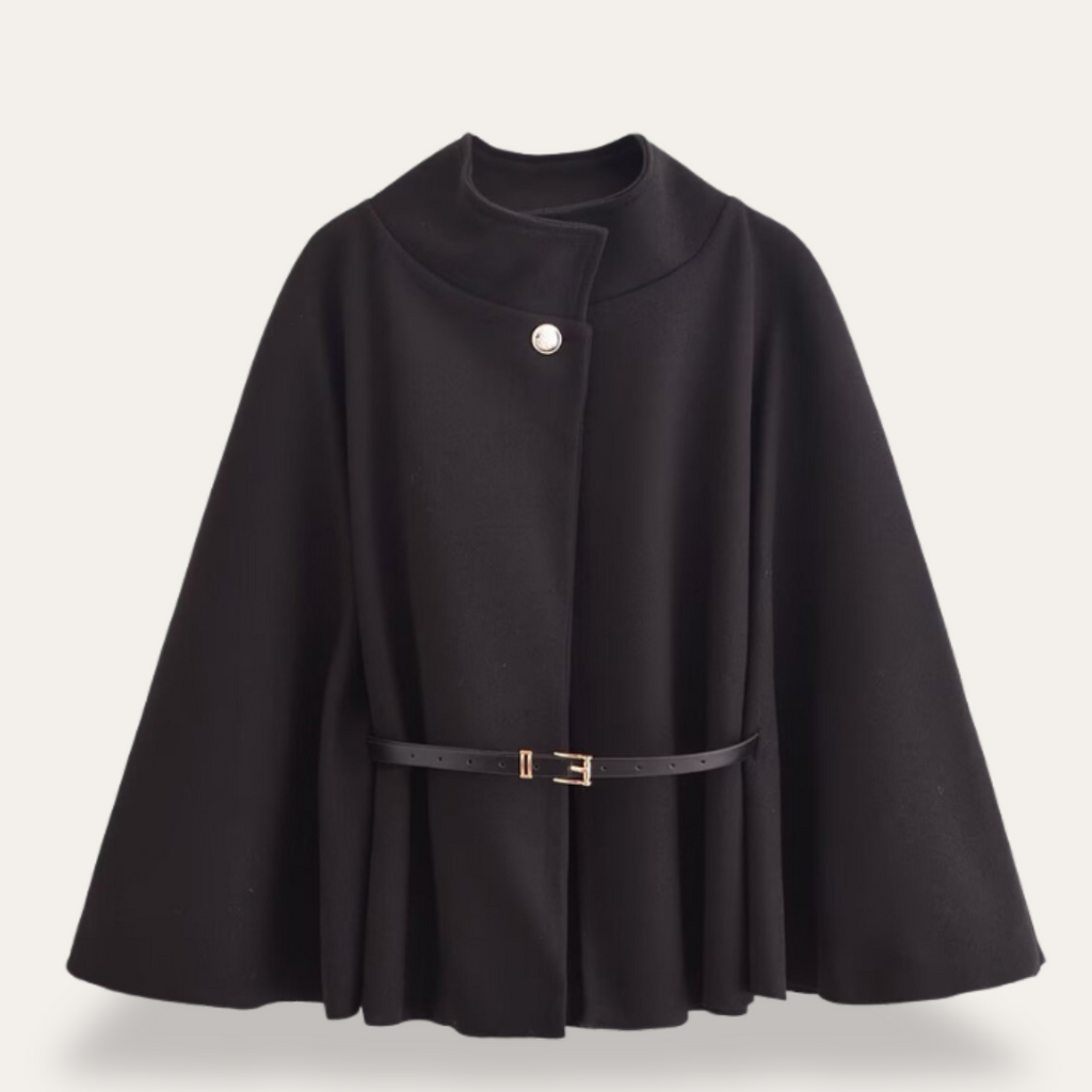 Women's Belted Cape - High Neck and Single Button Closure - Sofia Maris