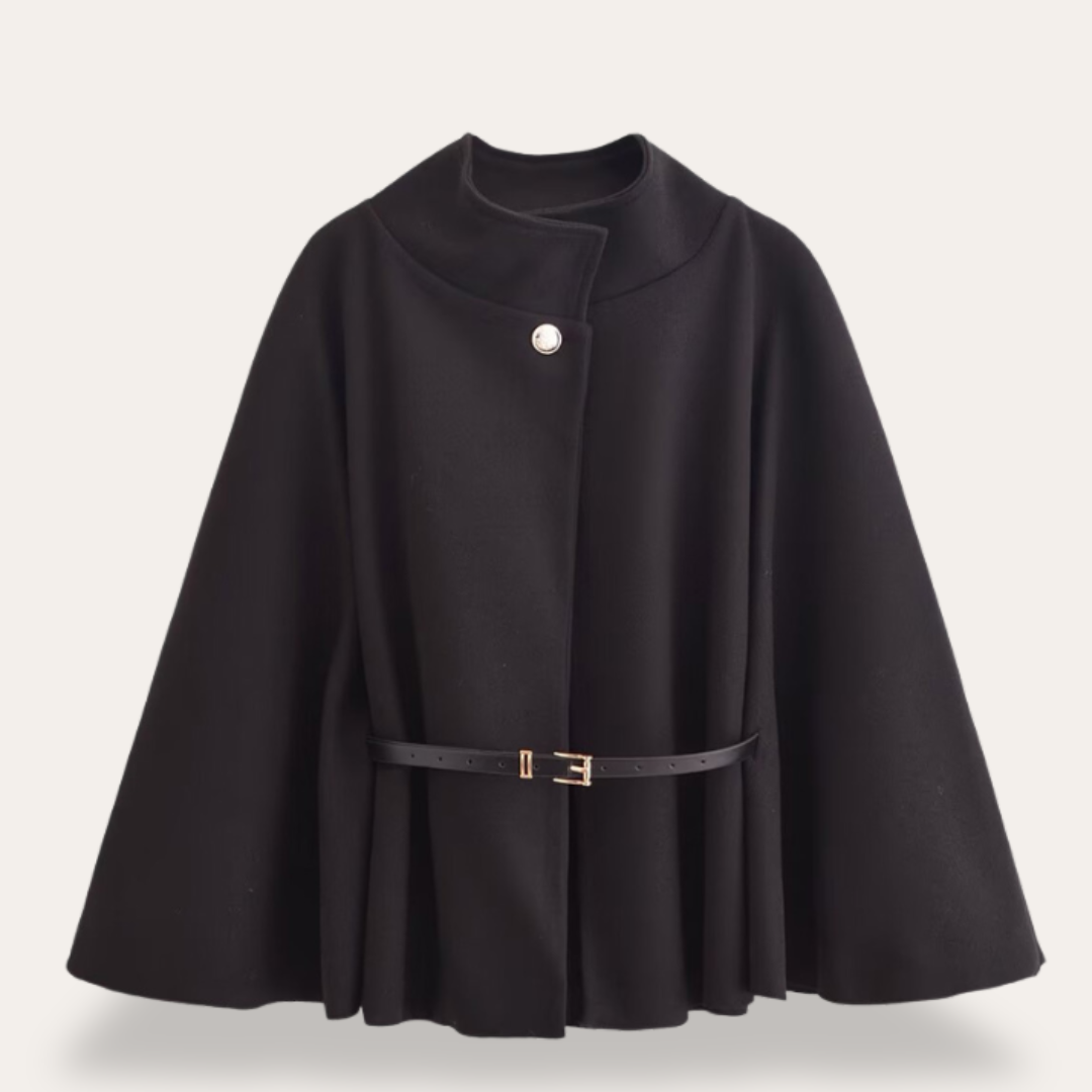 Women's Belted Cape - High Neck and Single Button Closure - Sofia Maris