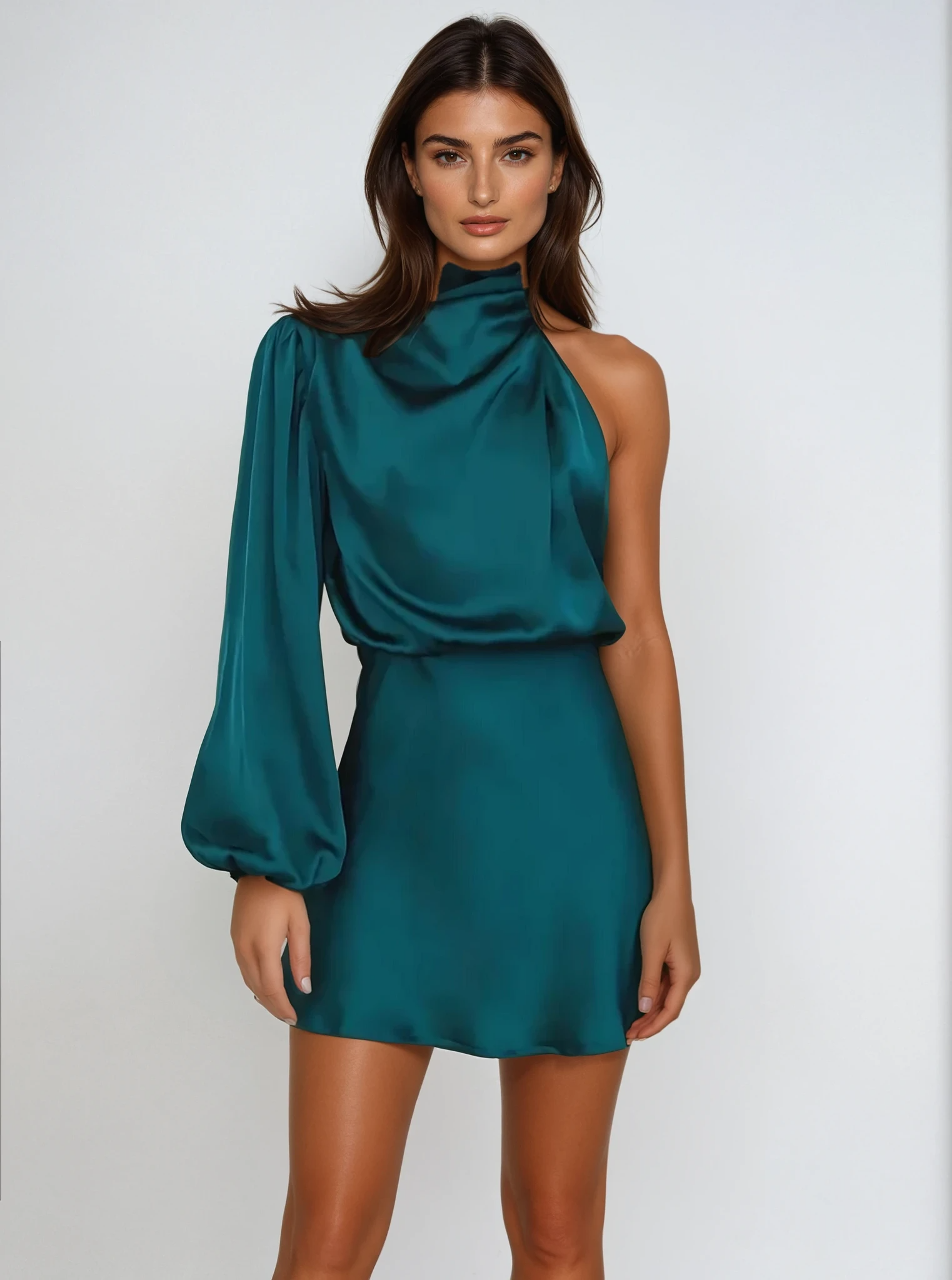 Women's One Shoulder Mini Dress with Long Sleeve and Draped Neck - Sofia Maris