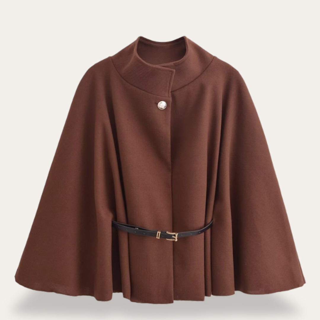 Women's Belted Cape - High Neck and Single Button Closure - Sofia Maris