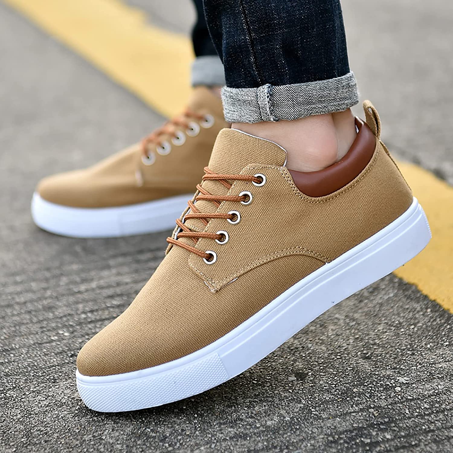 Men's Lace-Up Canvas Trainers - Low-Top Flat Sole with Contrast Heel Tab