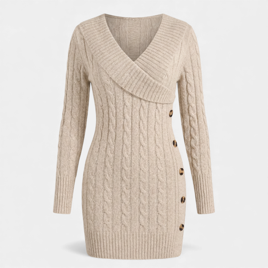Cable Knit - Sweater Dress - Women's Shawl Collar