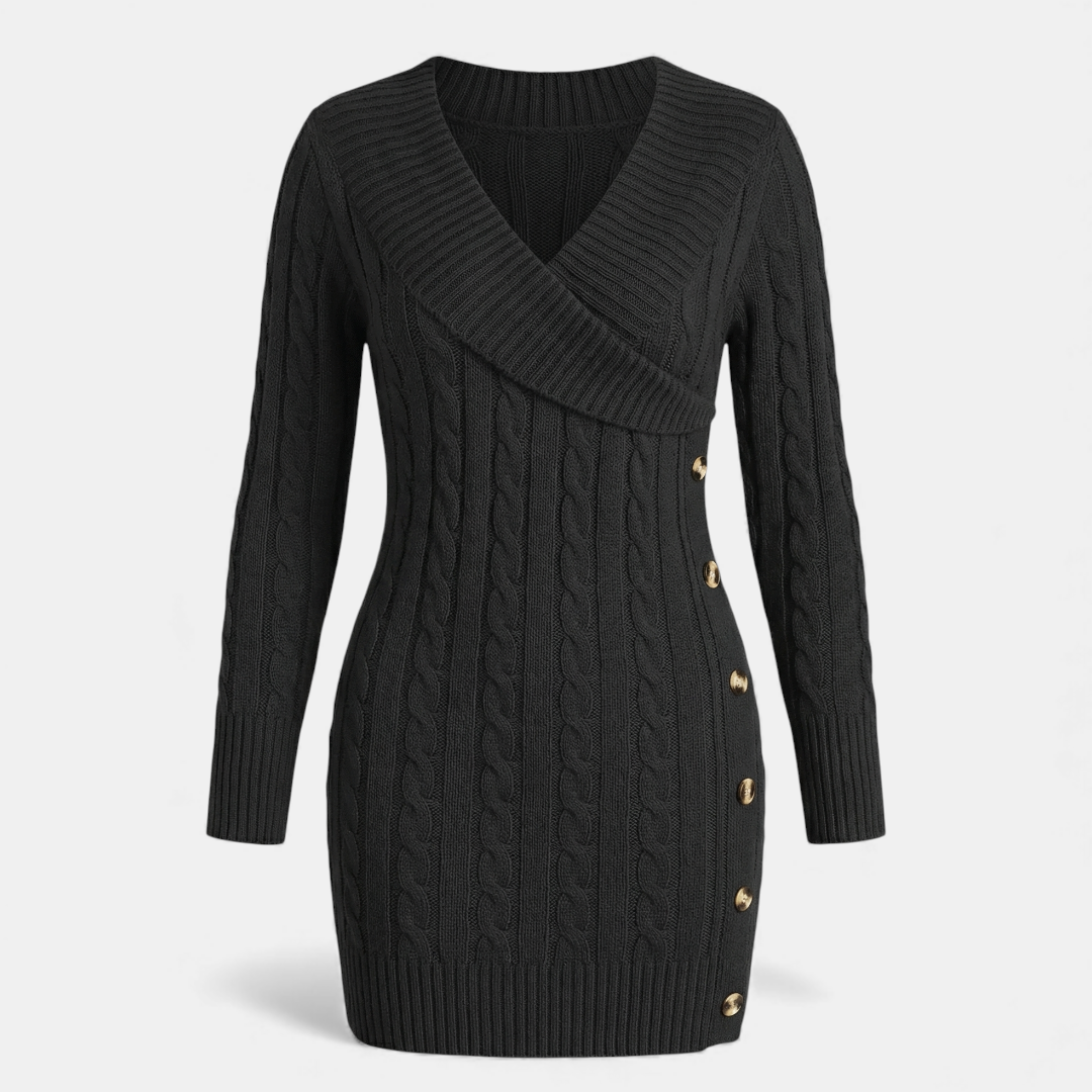 Cable Knit - Sweater Dress - Women's Shawl Collar