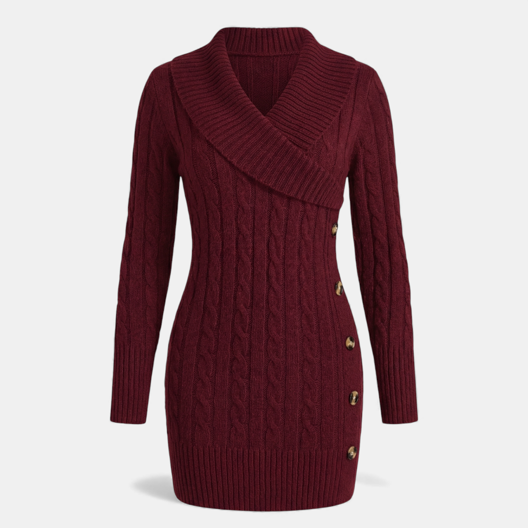 Cable Knit - Sweater Dress - Women's Shawl Collar