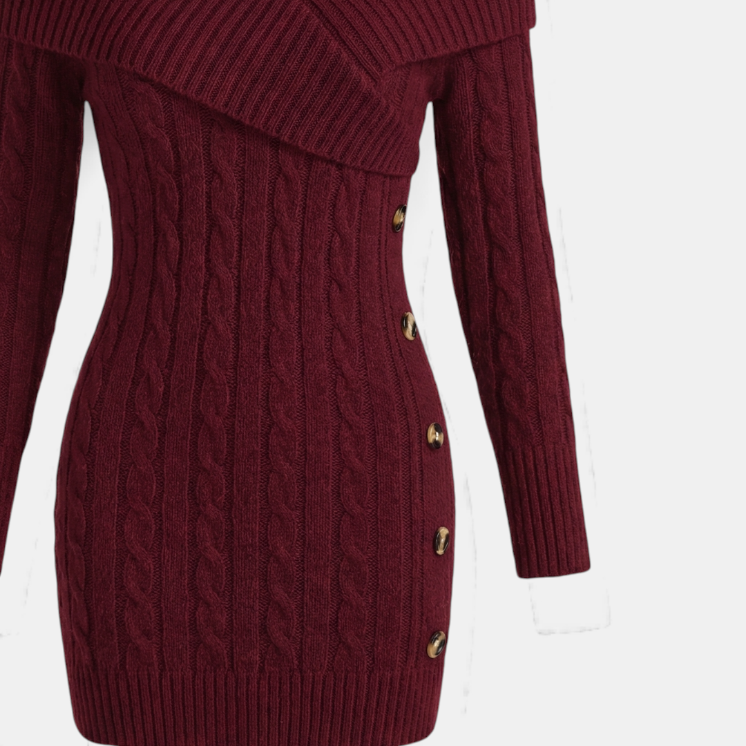 Cable Knit - Sweater Dress - Women's Shawl Collar