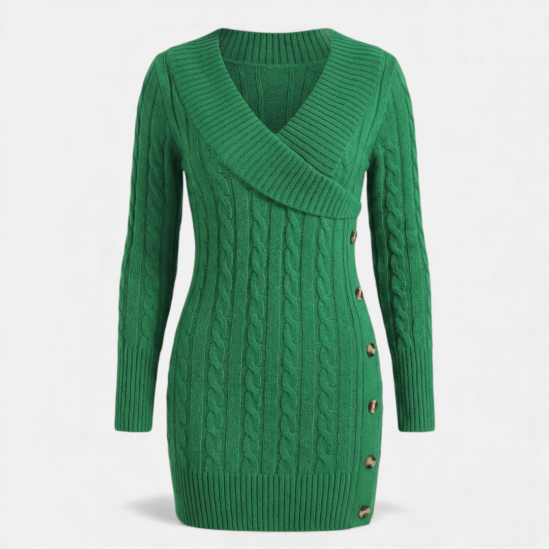 Cable Knit - Sweater Dress - Women's Shawl Collar