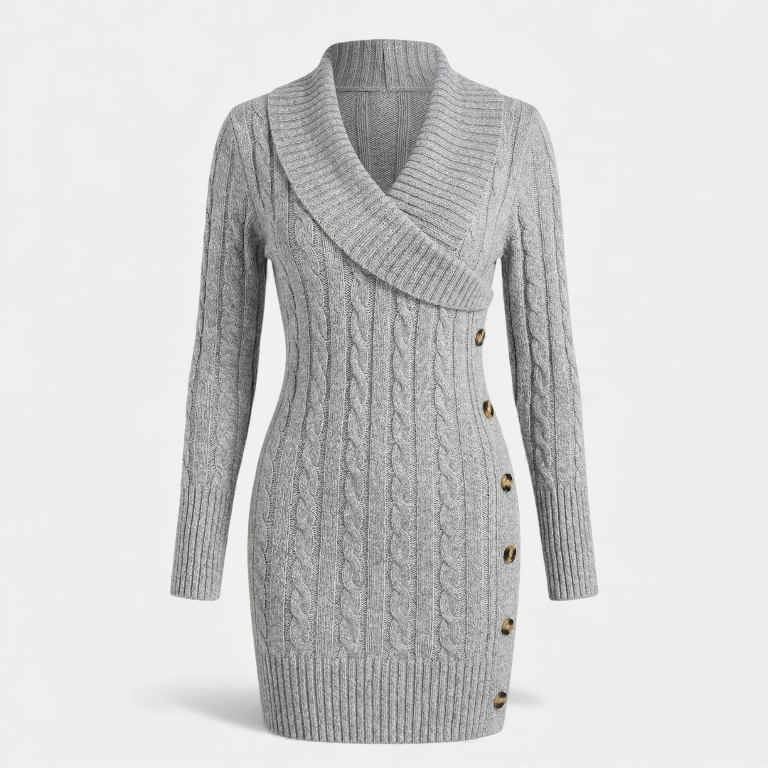 Cable Knit - Sweater Dress - Women's Shawl Collar