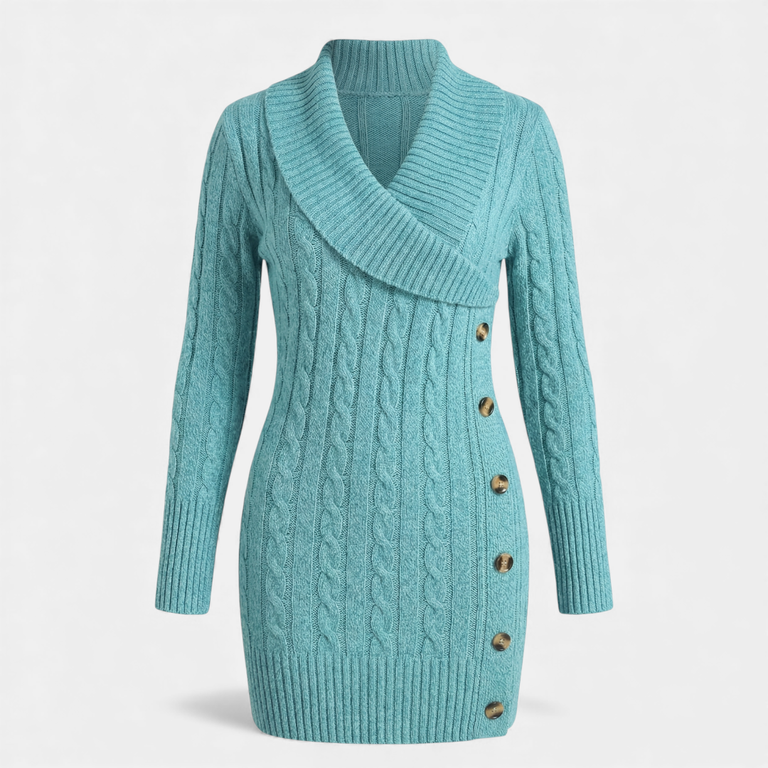 Cable Knit - Sweater Dress - Women's Shawl Collar