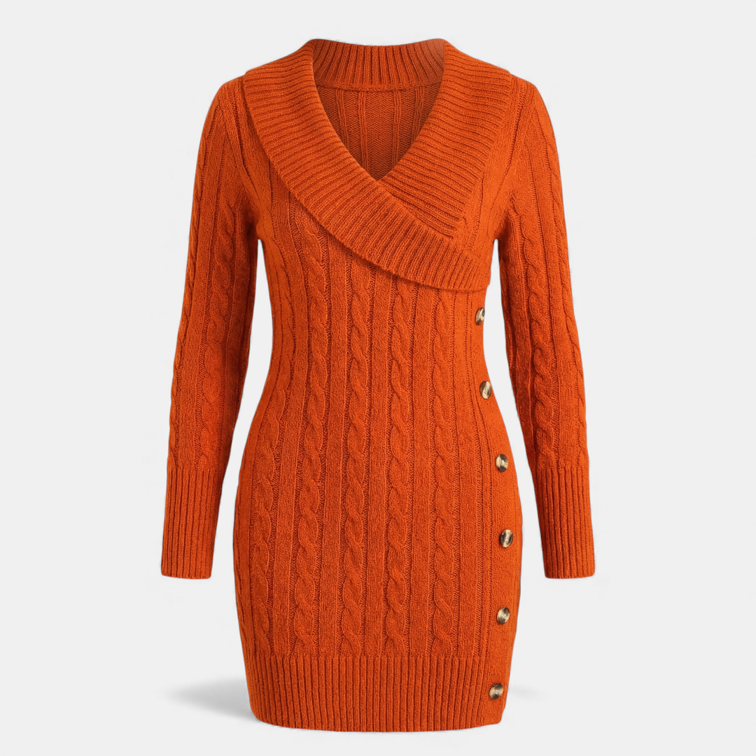 Cable Knit - Sweater Dress - Women's Shawl Collar