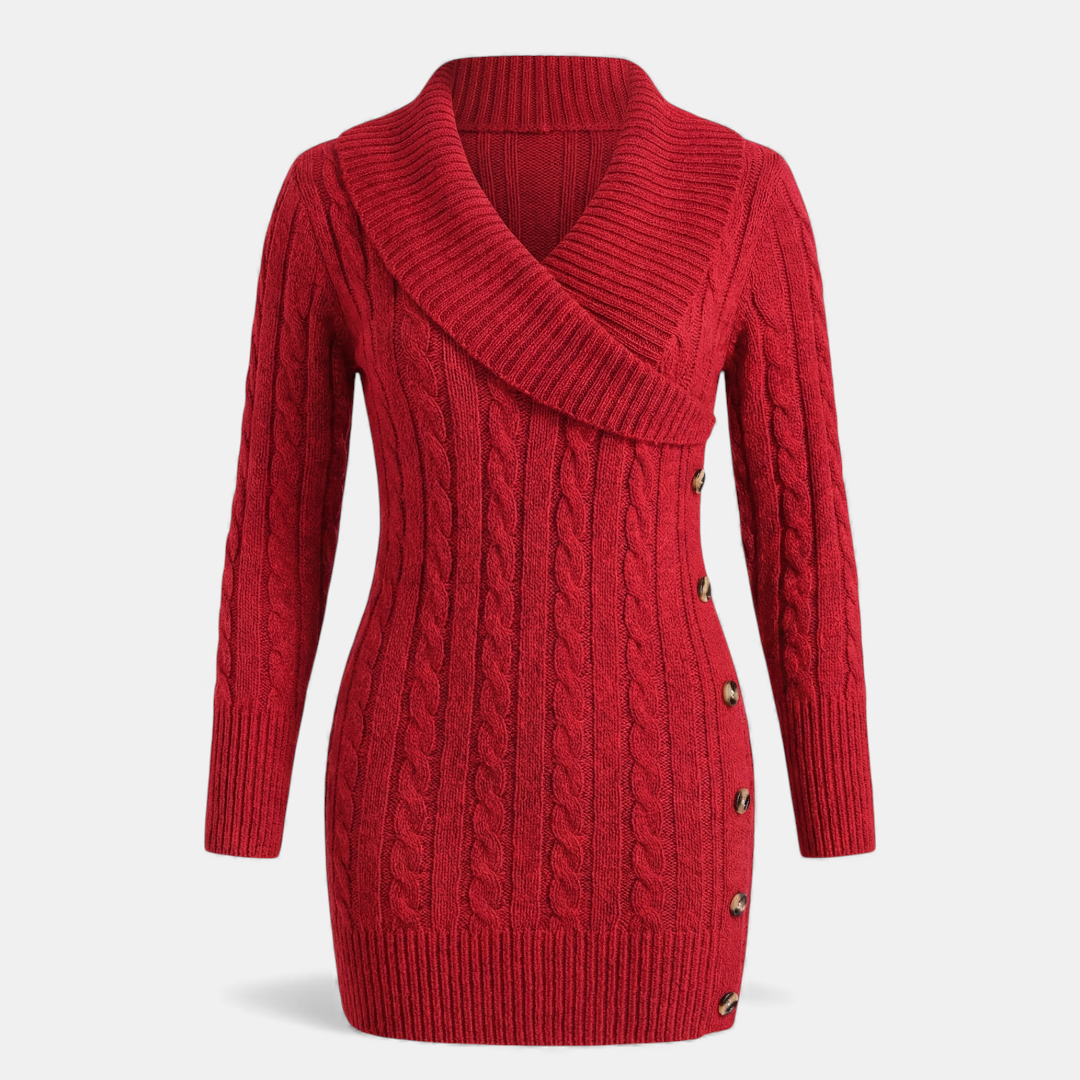 Cable Knit - Sweater Dress - Women's Shawl Collar