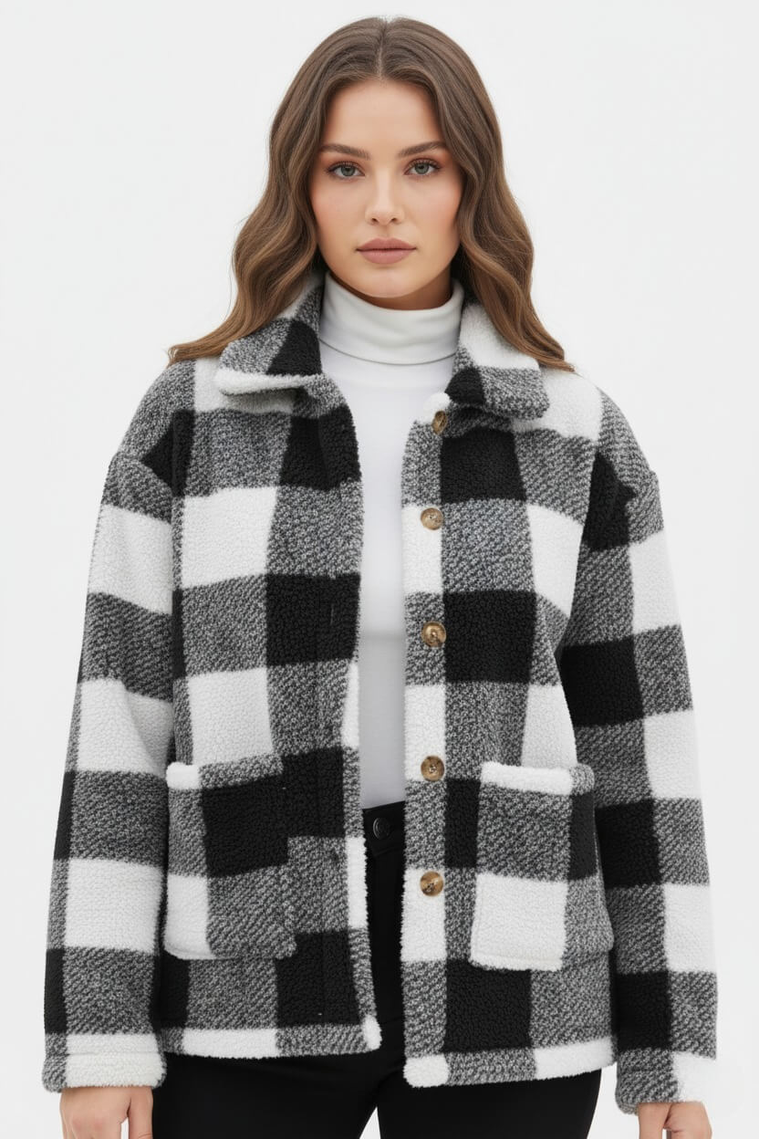 Sofia Maris Women’s Plaid Teddy Coat with Patched Pockets – Autumn/Winter Outerwear - Sofia Maris