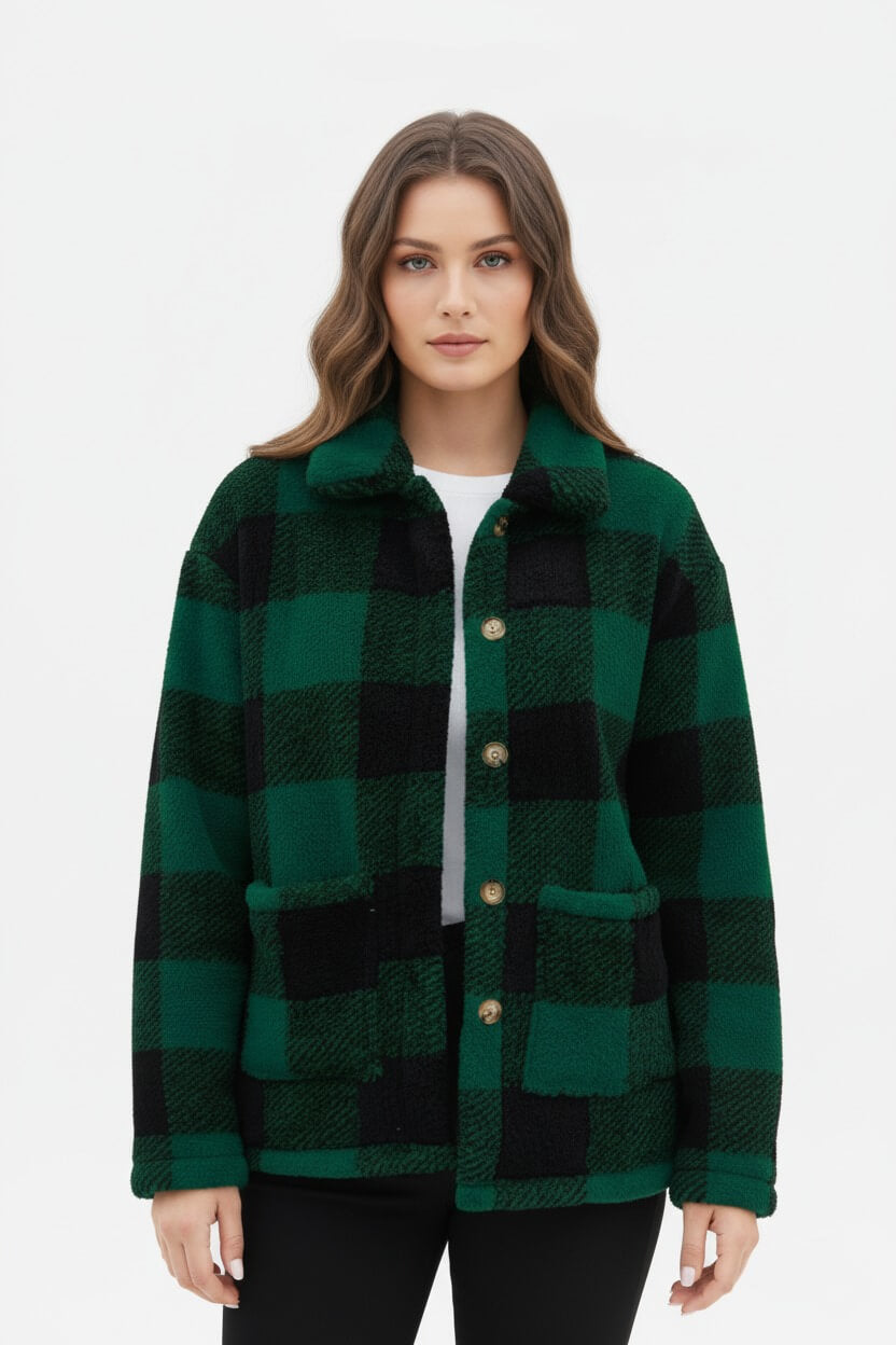 Sofia Maris Women’s Plaid Teddy Coat with Patched Pockets – Autumn/Winter Outerwear - Sofia Maris