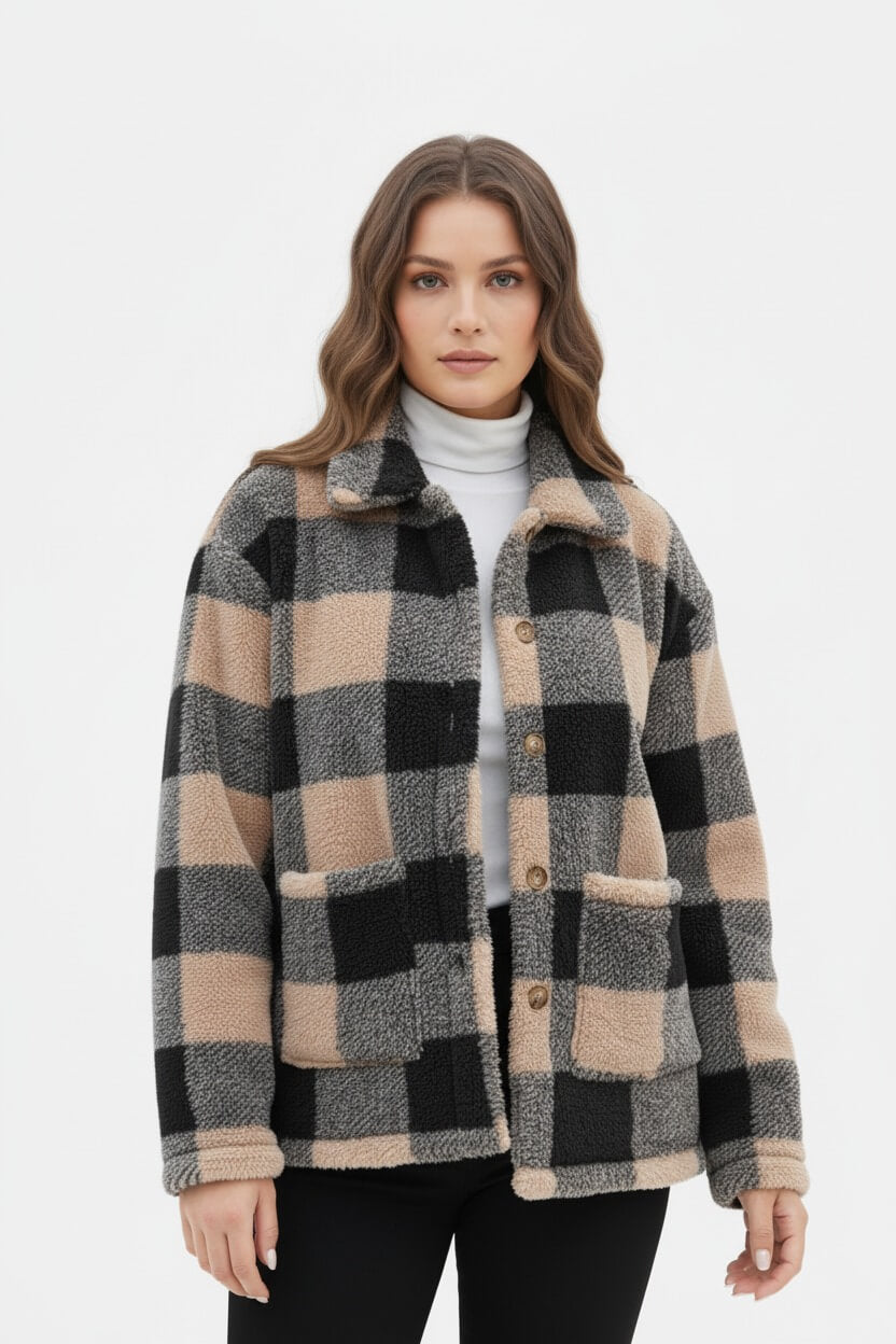 Sofia Maris Women’s Plaid Teddy Coat with Patched Pockets – Autumn/Winter Outerwear - Sofia Maris