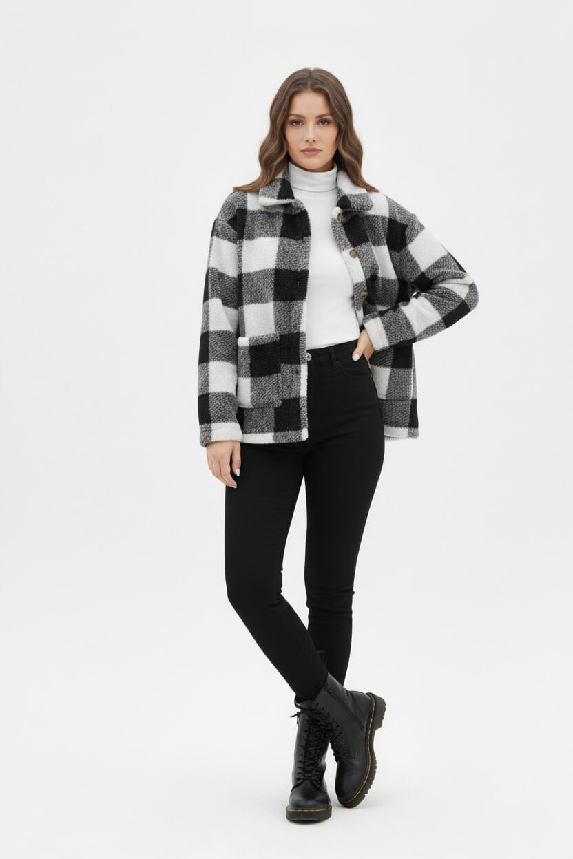 Sofia Maris Women’s Plaid Teddy Coat with Patched Pockets – Autumn/Winter Outerwear - Sofia Maris