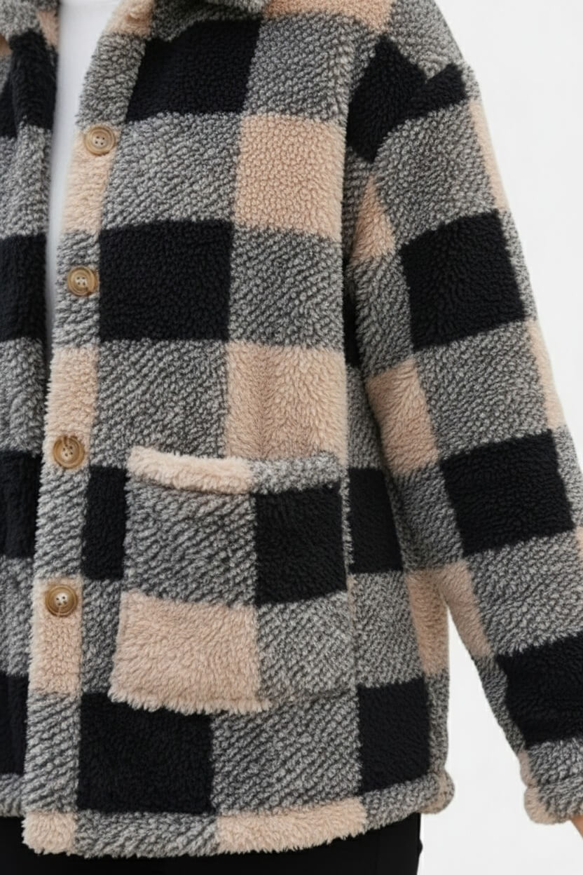 Sofia Maris Women’s Plaid Teddy Coat with Patched Pockets – Autumn/Winter Outerwear - Sofia Maris