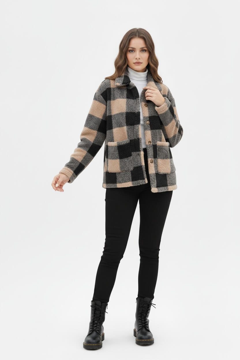 Sofia Maris Women’s Plaid Teddy Coat with Patched Pockets – Autumn/Winter Outerwear - Sofia Maris