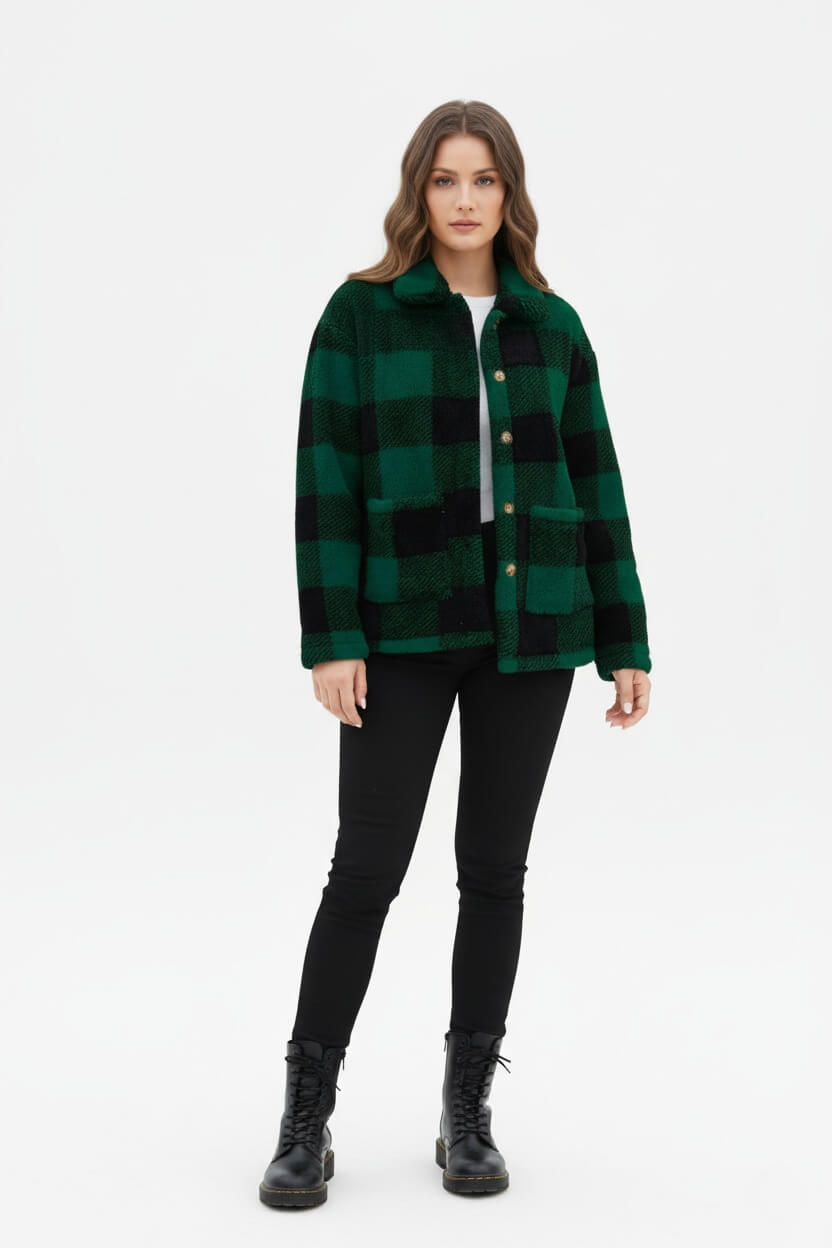 Sofia Maris Women’s Plaid Teddy Coat with Patched Pockets – Autumn/Winter Outerwear - Sofia Maris