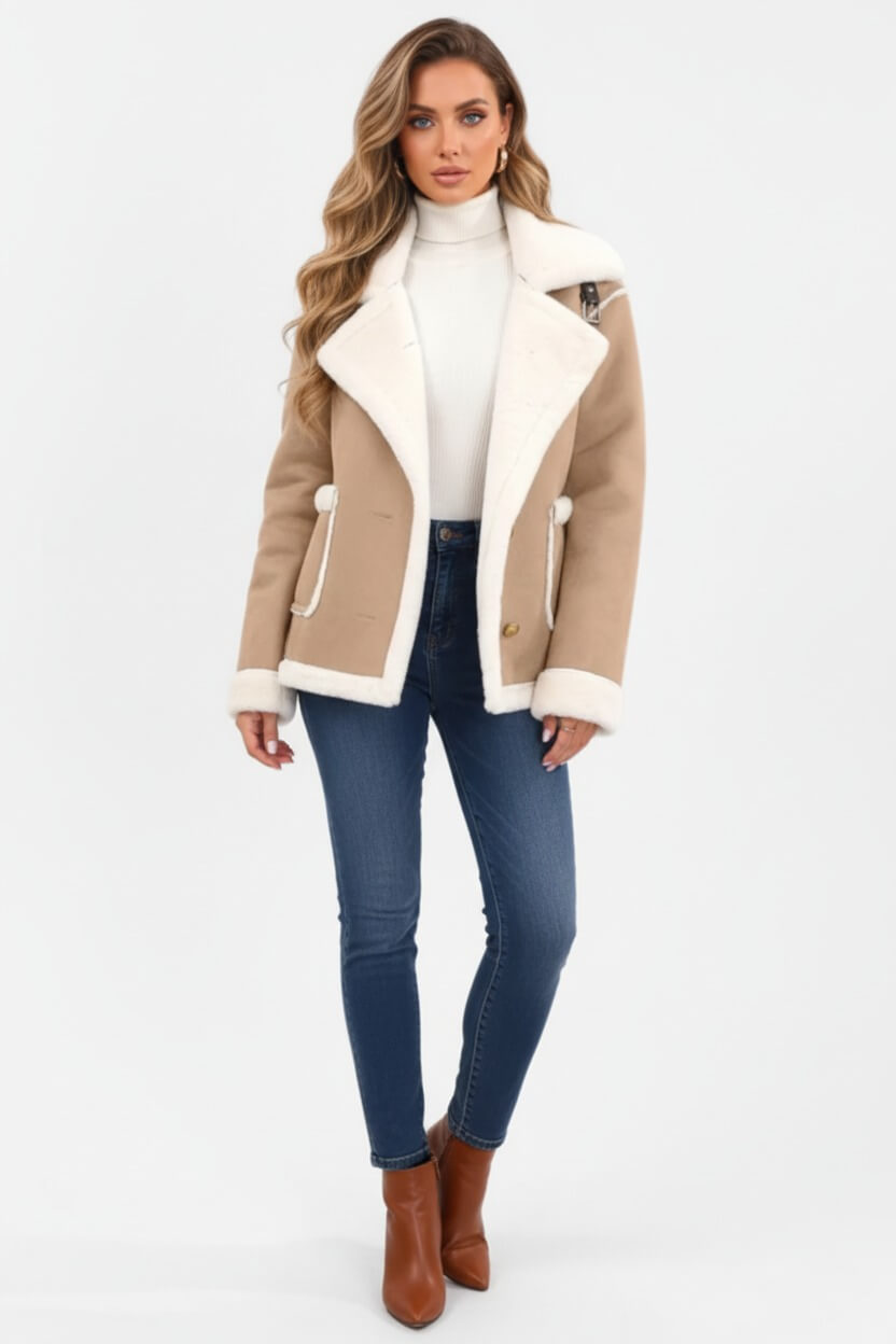 Women’s Ultra-Soft Plush Lapel Jacket – Winter Warmth with Faux Fur Detail - Sofia Maris