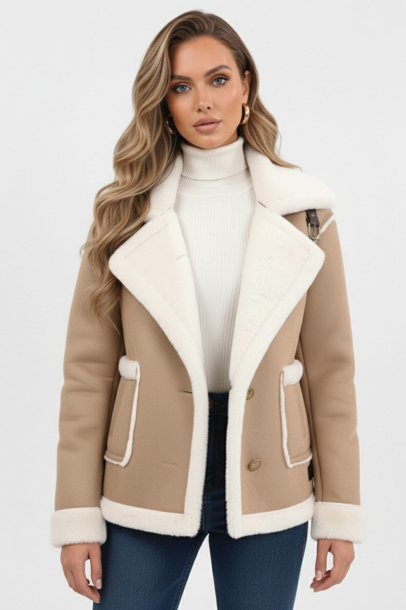 Women’s Ultra-Soft Plush Lapel Jacket – Winter Warmth with Faux Fur Detail - Sofia Maris