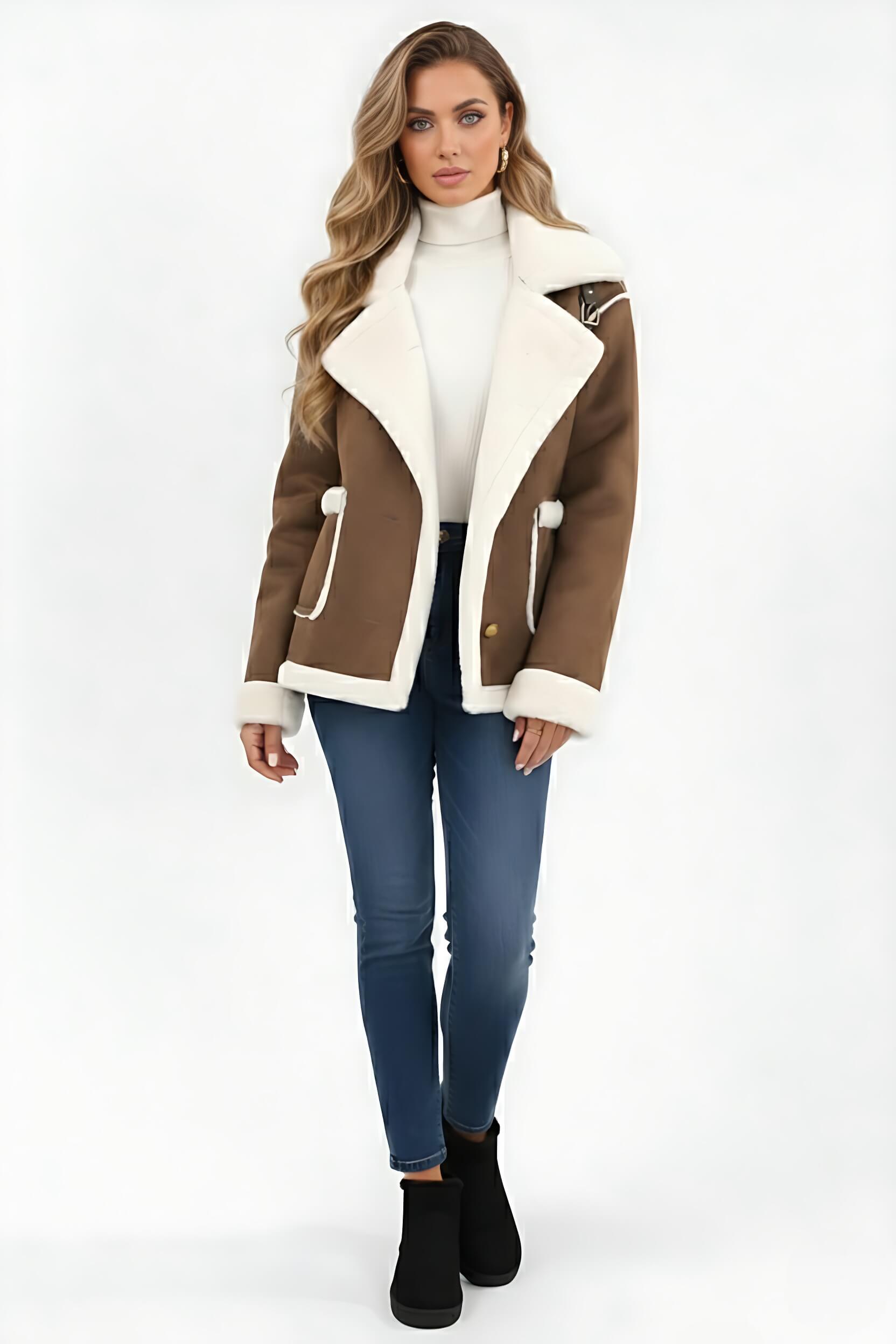 Women’s Ultra-Soft Plush Lapel Jacket – Winter Warmth with Faux Fur Detail - Sofia Maris