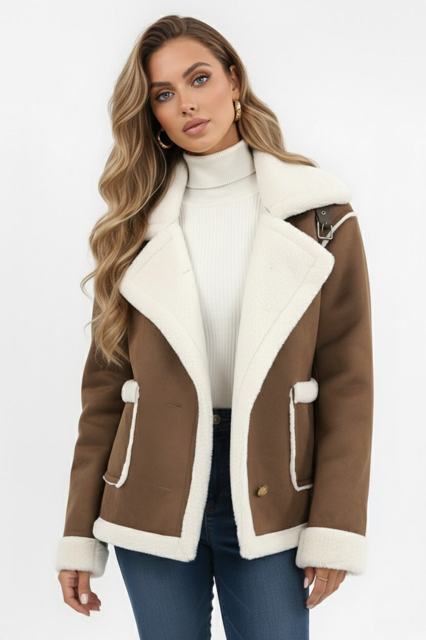 Women’s Ultra-Soft Plush Lapel Jacket – Winter Warmth with Faux Fur Detail - Sofia Maris
