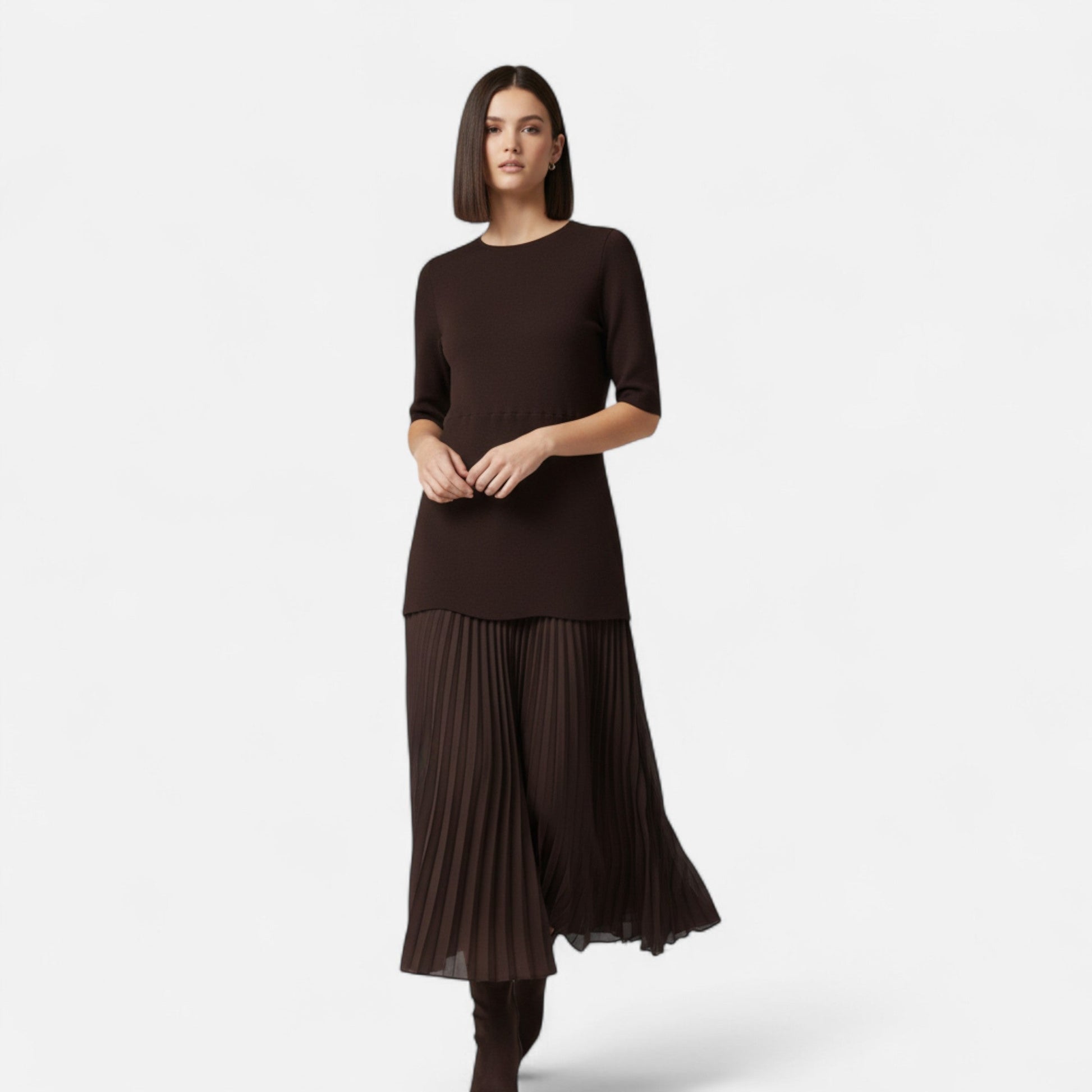 Sofia Maris | Women’s Vintage Pleated Dress – Half Sleeve Autumn Elegance